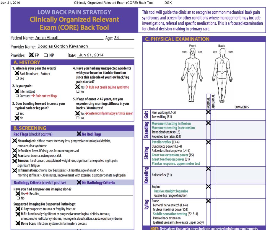 Lower Back Pain CORE Clinically Organized Relevant Exam Back Tool